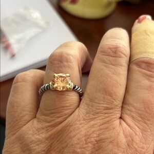 Designer inspired silver tone ring with champagne cz size 8